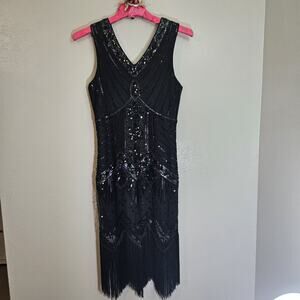 Black Sequin Fringe Flapper Dress Midi V-Neck Sleeveless Mesh M Party Formal